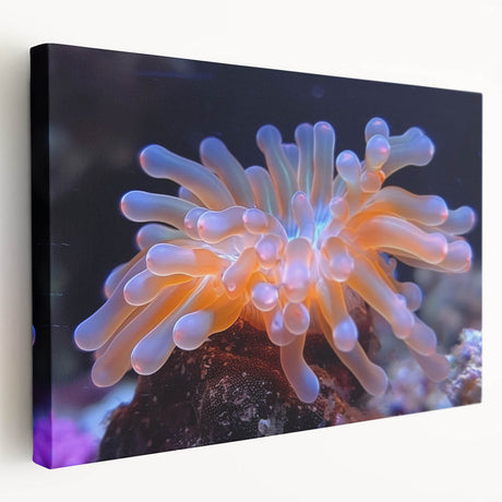 Stretched canvas artwork displaying a vibrant botanical marine plants design, showcasing intricate details in blue and green hues, ideal for coastal decor.
