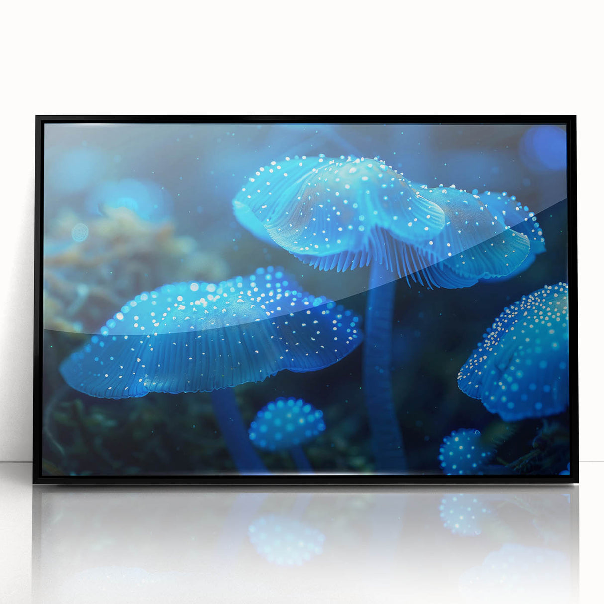 Framed wall art showcasing a botanical design of marine plants in vibrant colors, featuring a sleek black frame, perfect for home decor enhancement.