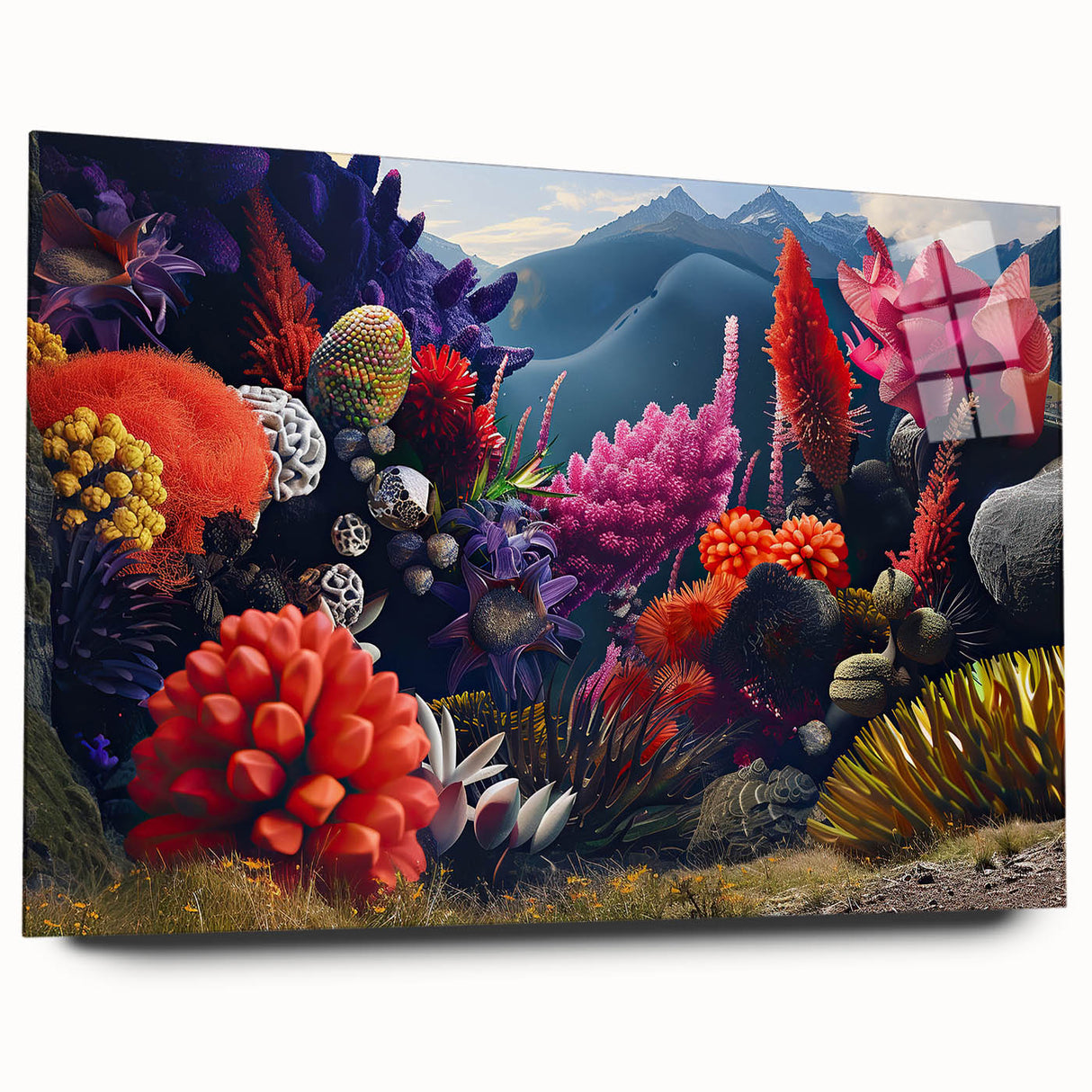Botanical wall art design showcasing an array of colorful marine plants, displayed in an elegant acrylic glass frame, emphasizing vibrant hues and intricate details.
