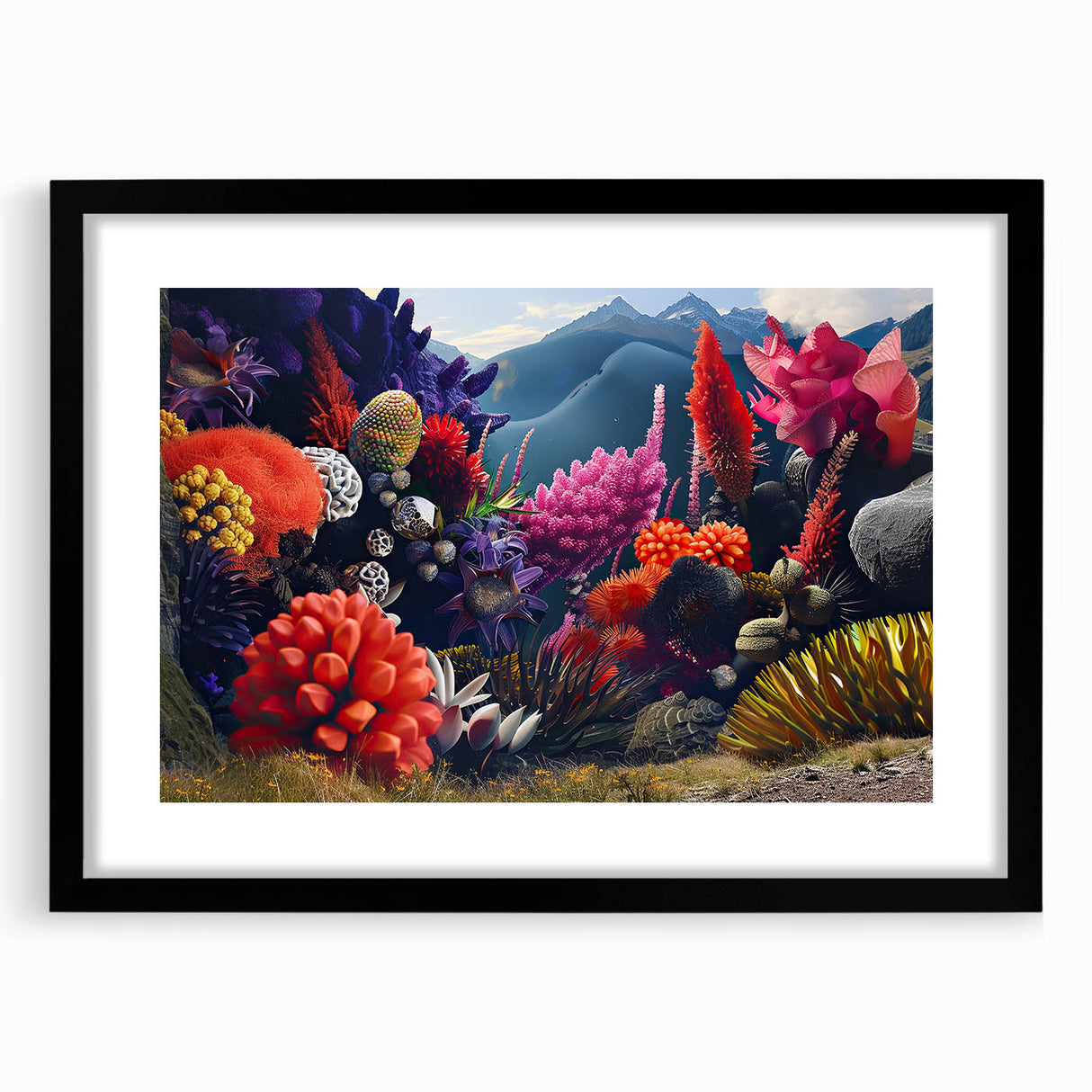 Botanical wall art collection featuring marine plants in a sleek black frame with matting, showcasing vibrant colors and intricate details perfect for home decor.