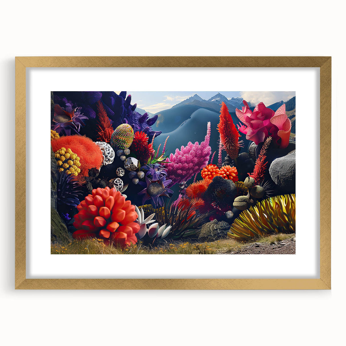 Botanical wall art collection featuring vibrant marine plants in gold frame with matting, perfect for home decor. Ideal for nature lovers and interior design enthusiasts.