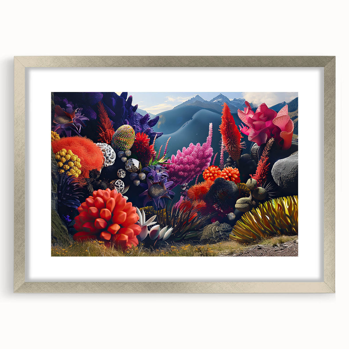 Framed wall art featuring a botanical design of marine plants, showcasing intricate details in silver matting, ideal for coastal-themed decor.