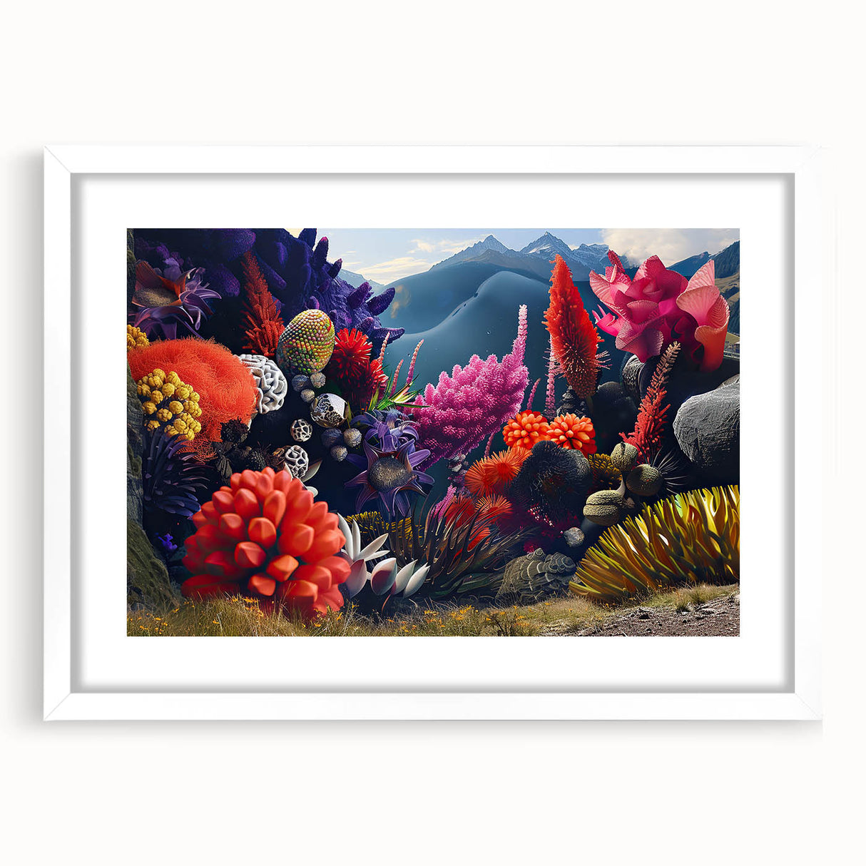 Botanical marine plants wall art collection framed with a white mat, featuring vibrant floral designs and intricate details, perfect for home decor.