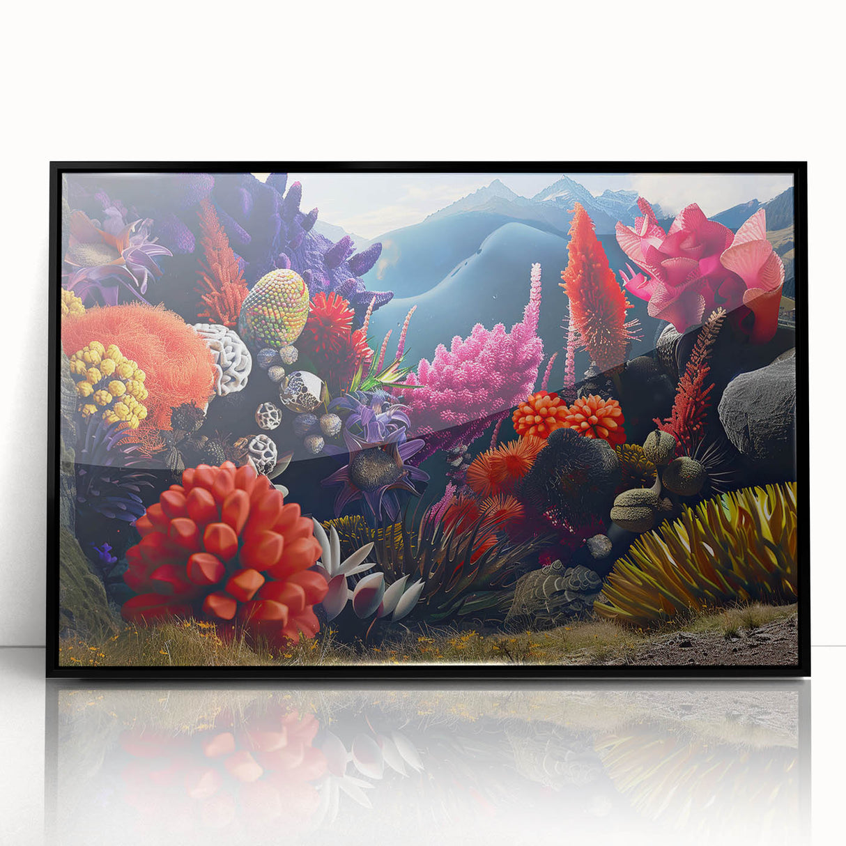 Framed acrylic wall art showcasing a vibrant botanical design of marine plants in a sleek black frame, ideal for home decor and nature enthusiasts.