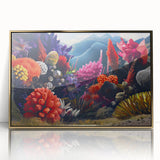 Framed wall art featuring a vibrant botanical marine plants design, highlighted with gold accents, showcasing a lush underwater scene, ideal for home decor.