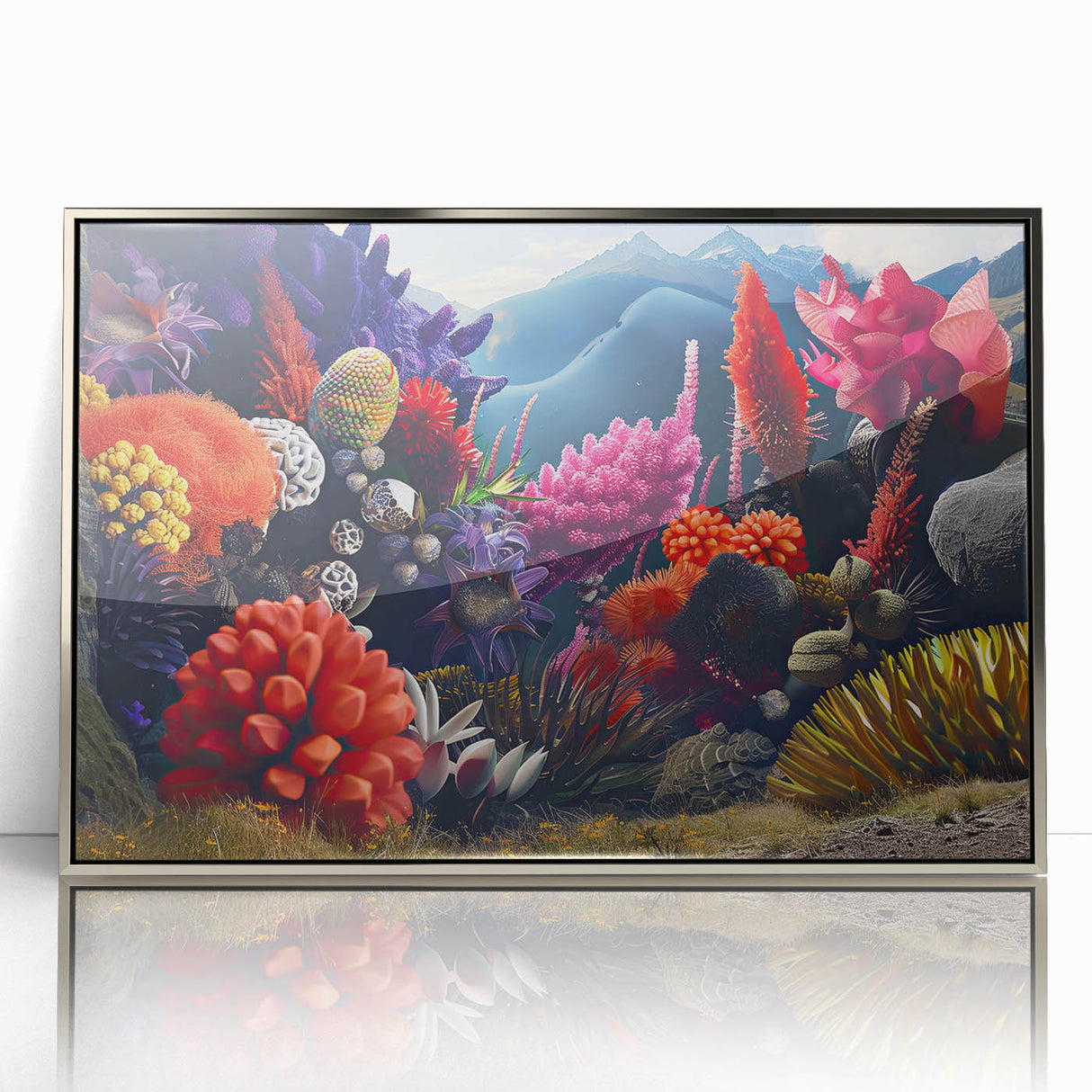 Framed wall art featuring a vibrant botanical design of marine plants, showcasing intricate details and a sleek silver frame, perfect for modern decor.