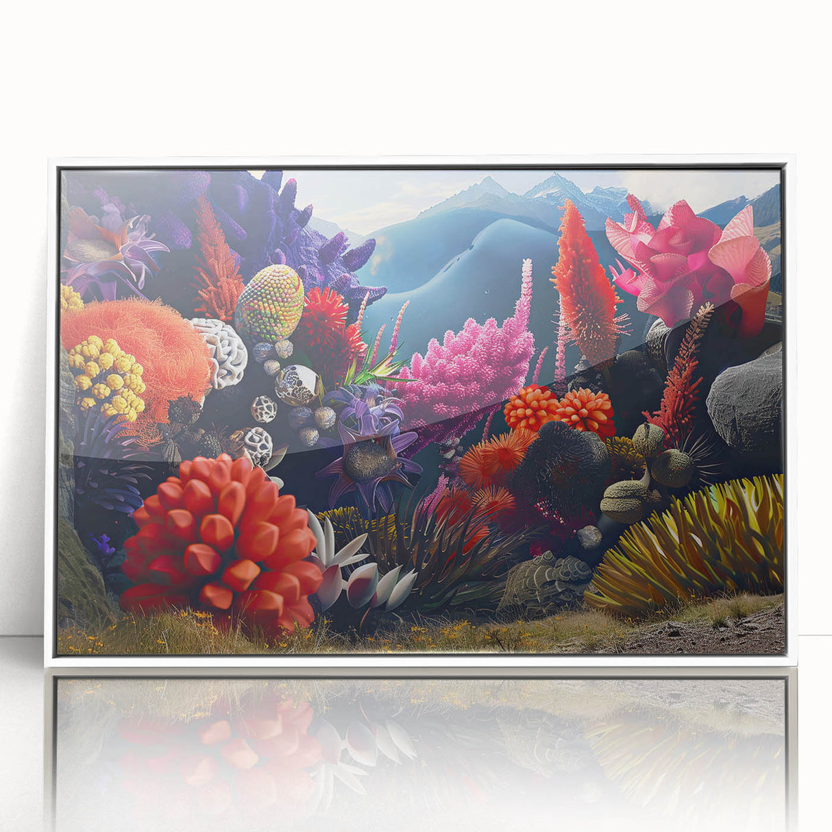 Framed wall art featuring a botanical design of marine plants, showcasing vibrant colors and intricate details, set against a white background for modern decor.