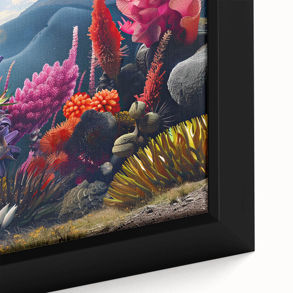 Close-up of a framed botanical wall art piece showcasing vibrant marine plants, featuring intricate details and rich colors, perfect for coastal-themed decor.