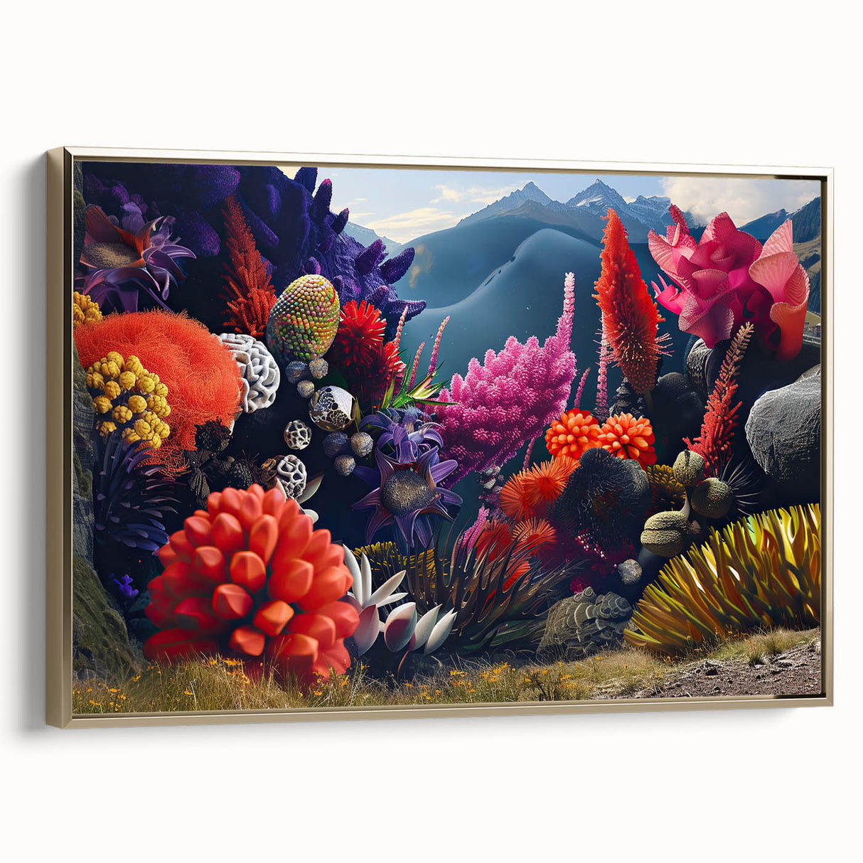 Framed wall art collection showcasing a botanical print of marine plants, featuring vibrant colors and a gold frame, ideal for coastal home decor.