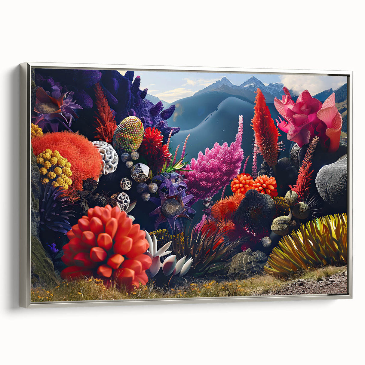 Framed canvas wall art featuring a botanical marine plants design, showcasing vibrant flowers and intricate details in a silver frame, perfect for home decor.