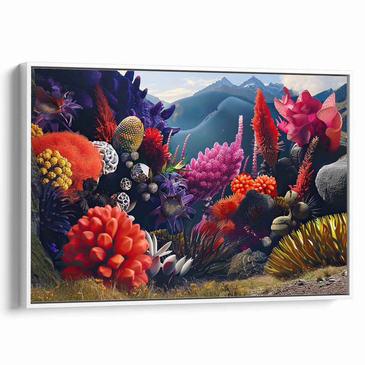 Framed canvas wall art showcasing a vibrant botanical marine plants design, featuring intricate floral details in shades of blue and green, ideal for home decor.