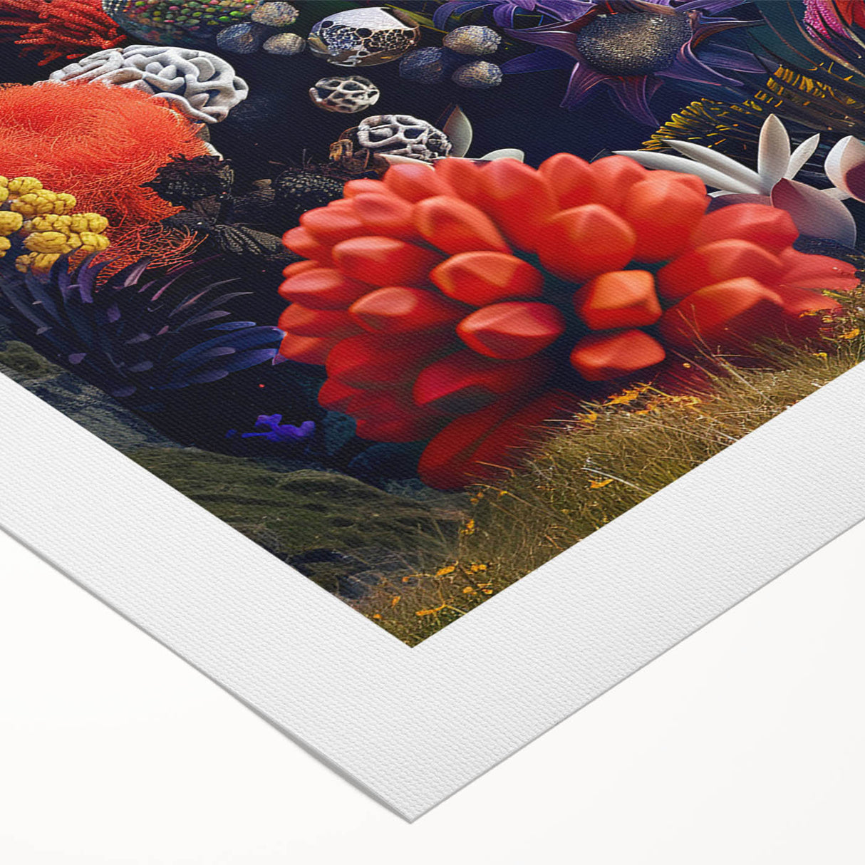 Rolled canvas artwork displaying a vibrant botanical marine plants design, featuring detailed illustrations of colorful underwater flora, ideal for home decor.