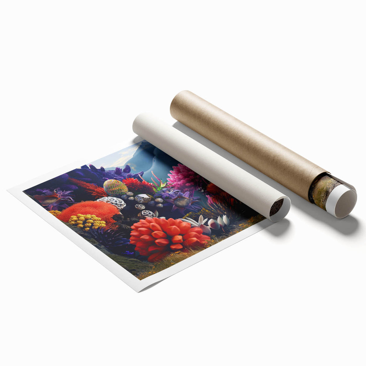 Botanical wall art print showcasing a vibrant collection of marine plants in an elegant design, rolled for easy display and shipping, ideal for nature lovers.