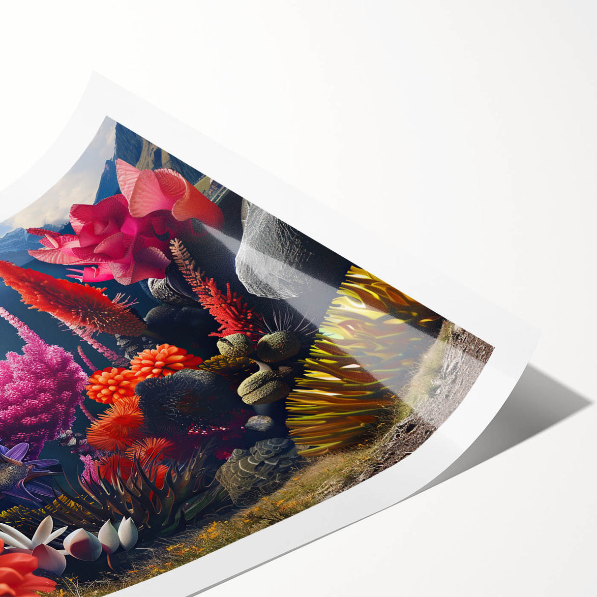 Botanical wall art print featuring an intricate design of marine plants in vibrant colors, rolled and ready for display, perfect for enhancing home decor.