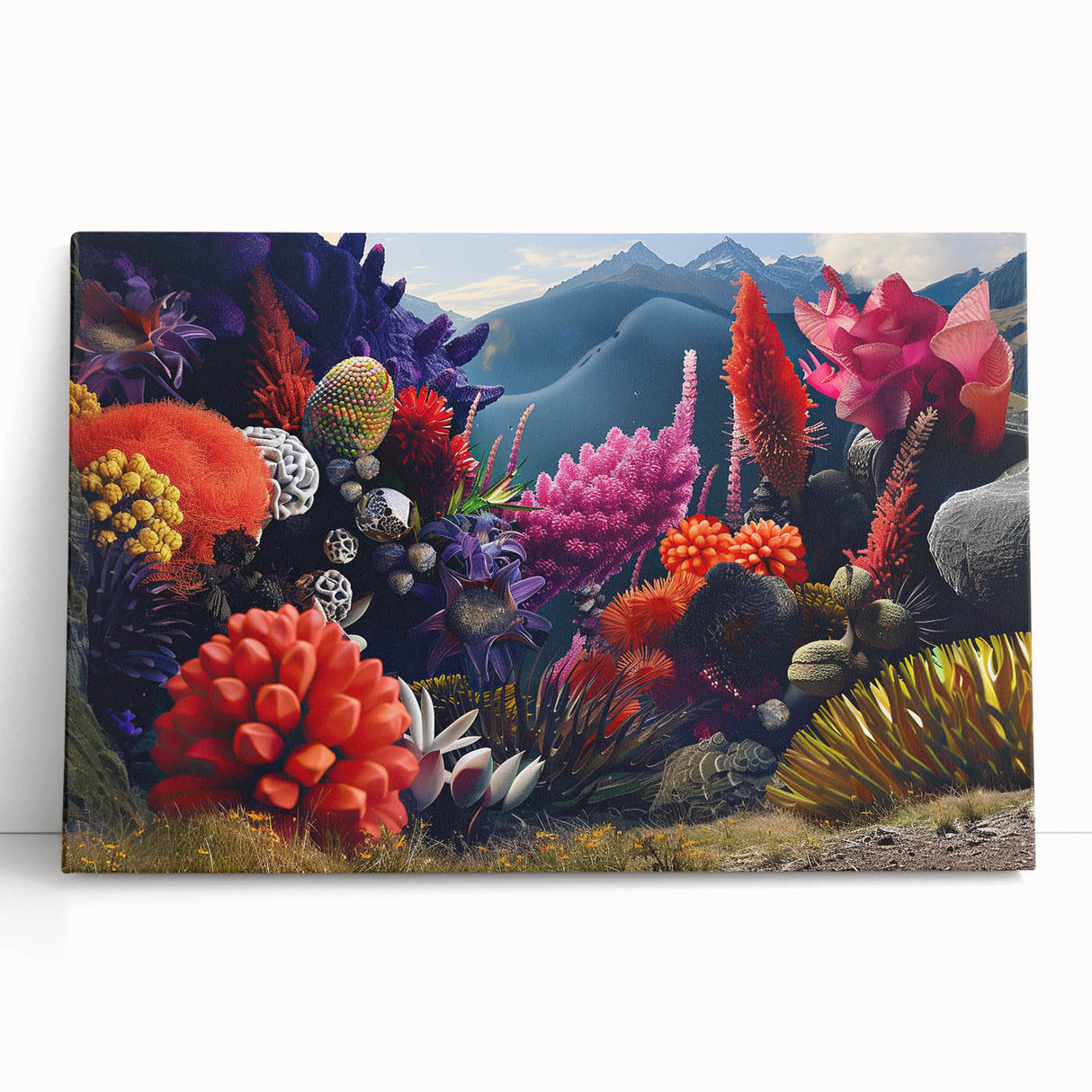 Vibrant botanical wall art featuring marine plants in a colorful design, stretched on canvas and leaning against a neutral-toned wall, enhancing any decor.