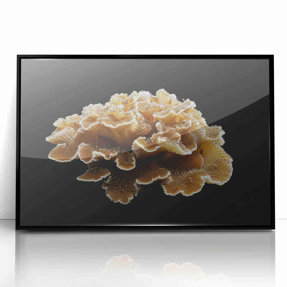 Framed wall art featuring a botanical marine plants design, showcasing vibrant colors on a black background. Ideal for adding a touch of nature to home decor.
