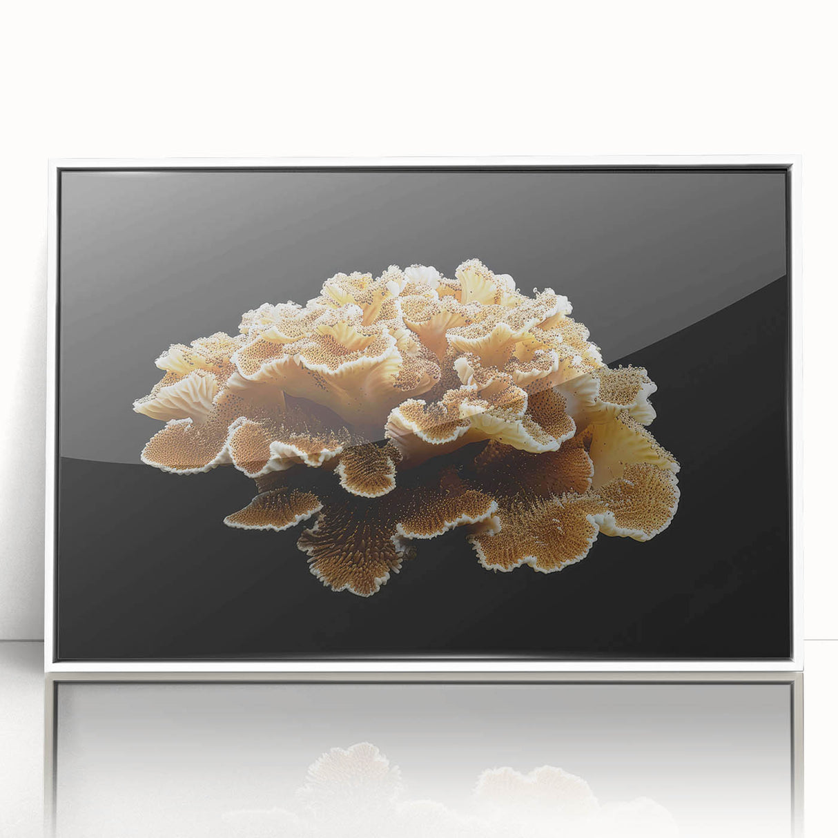 Framed wall art featuring a botanical design of marine plants in vibrant colors, displayed in a sleek white frame, perfect for enhancing coastal decor.