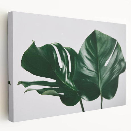 Stretched canvas wall art showcasing a vibrant botanical monstera design in rich green hues, ideal for adding a tropical touch to home decor.