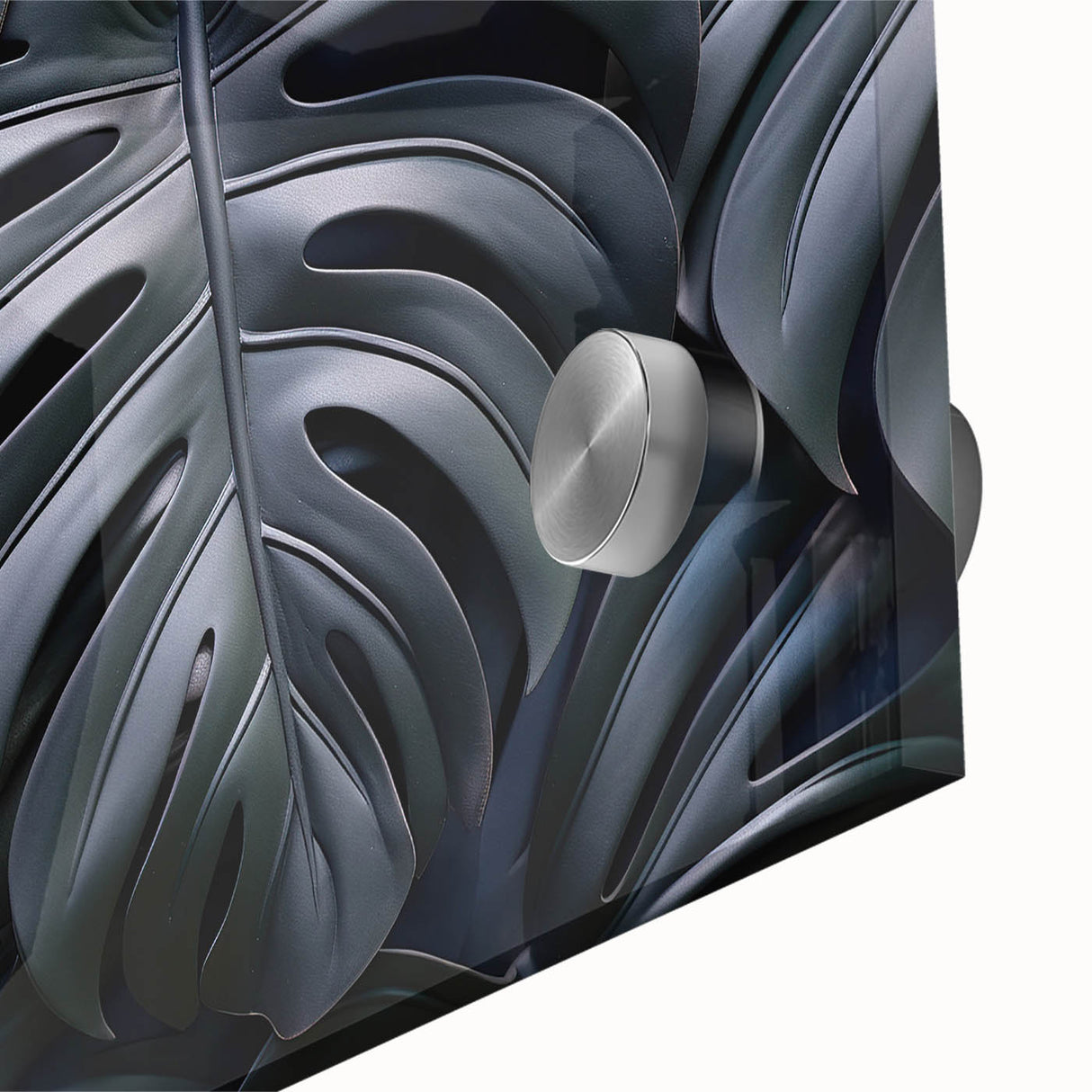 Close-up of a vibrant botanical wall art piece featuring a detailed Monstera leaf design, printed on acrylic glass, showcasing rich colors and textures ideal for home decor.