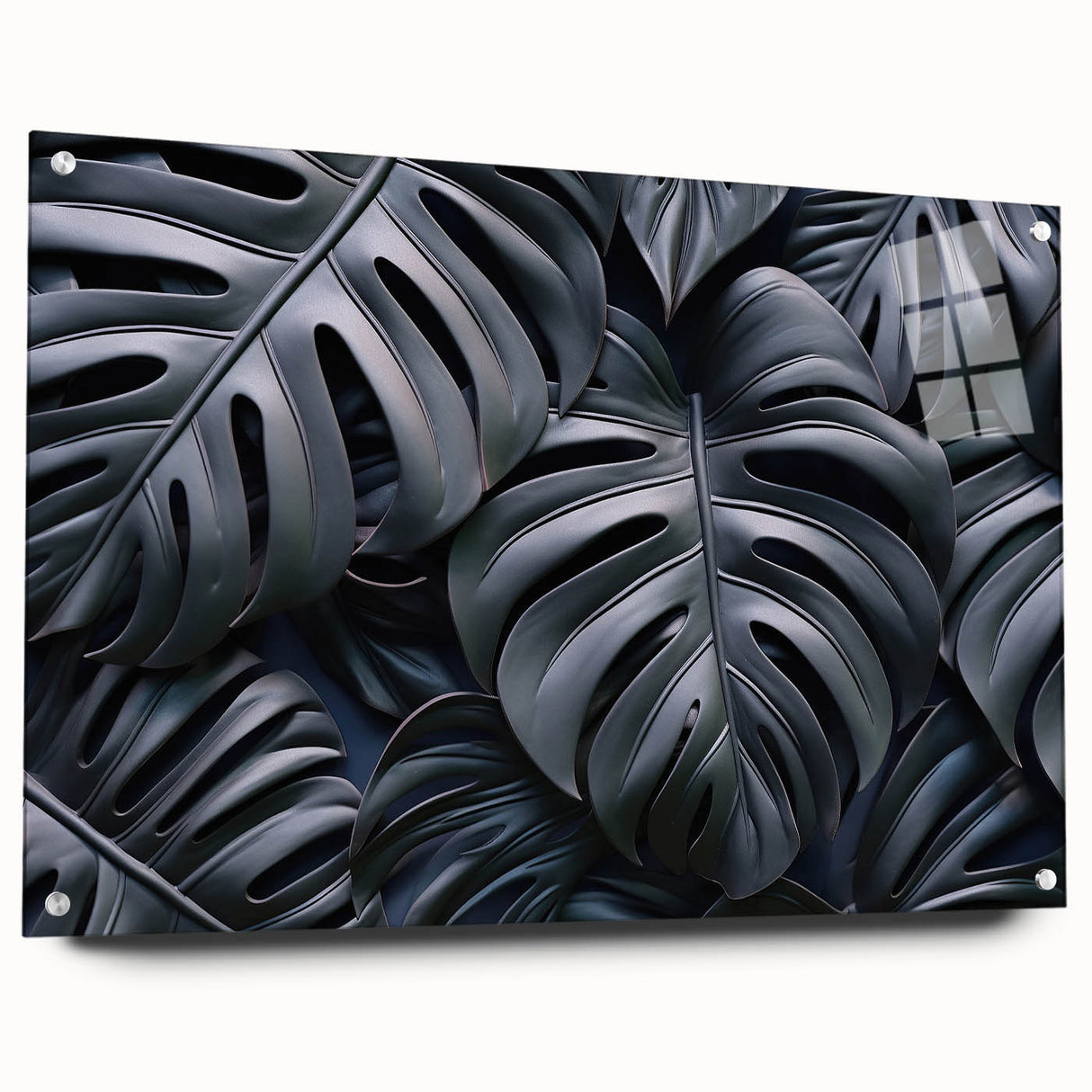 Acrylic wall art collection showcasing a botanical Monstera design, featuring vibrant green leaves and a sleek side view with decorative pins for easy display.