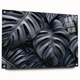 Acrylic wall art collection showcasing a botanical Monstera design, featuring vibrant green leaves and a sleek side view with decorative pins for easy display.