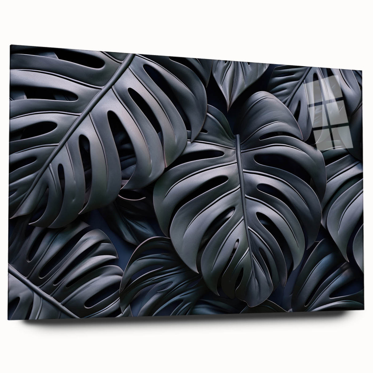 A side view of a botanical Monstera wall art design showcasing vibrant green leaves set against a clean background, displayed in an acrylic glass frame for a modern aesthetic. Ideal for home decor enthusiasts seeking tropical-themed artwork.