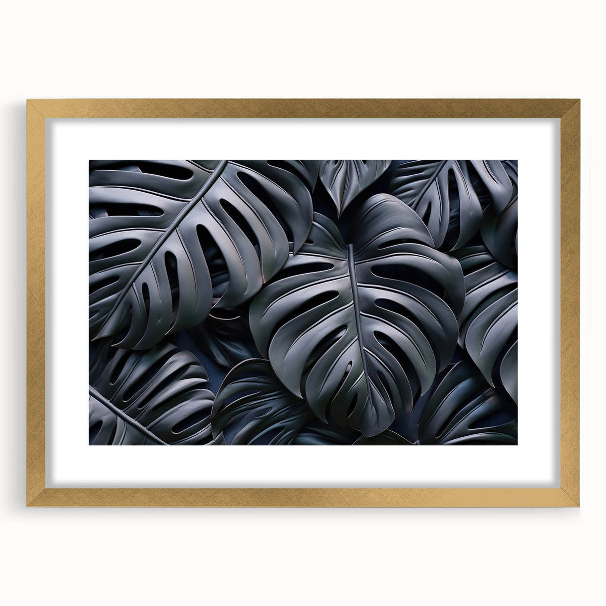 Botanical monstera wall art collection framed in gold with a matte finish, showcasing vibrant green leaves and intricate details, perfect for stylish home decor.