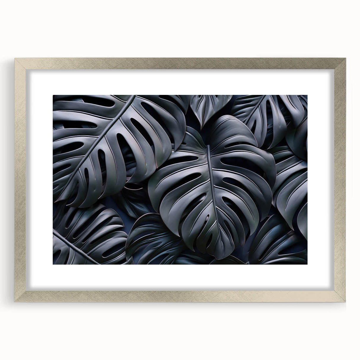 Framed botanical wall art design featuring a vibrant monstera plant illustration, set in a sleek silver frame with a white mat, perfect for modern decor.