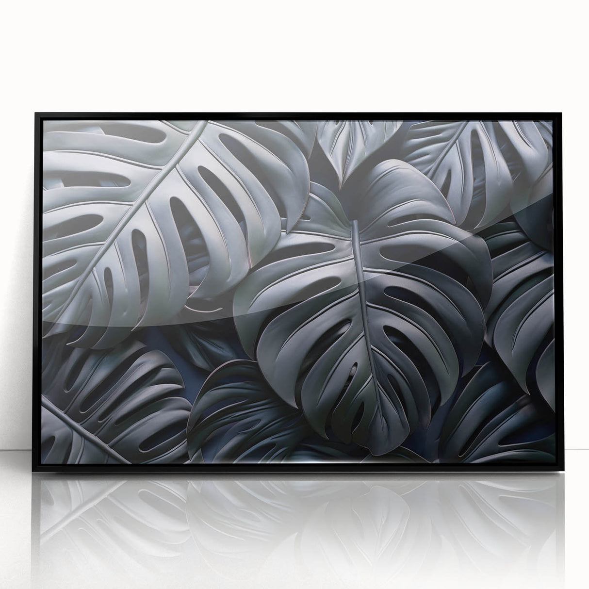 Framed wall art featuring a botanical monstera design, showcasing vibrant green leaves on a sleek black background, ideal for modern home decor.