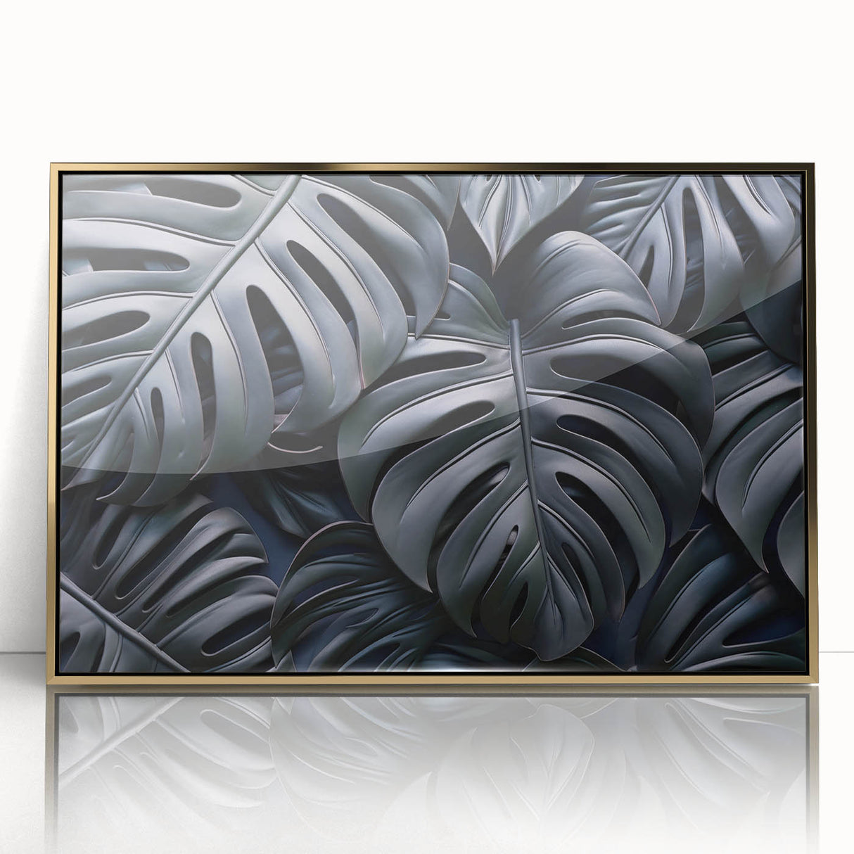 Framed wall art featuring a vibrant botanical monstera design, showcasing lush green leaves and a modern gold-acrylic frame, perfect for home decor.