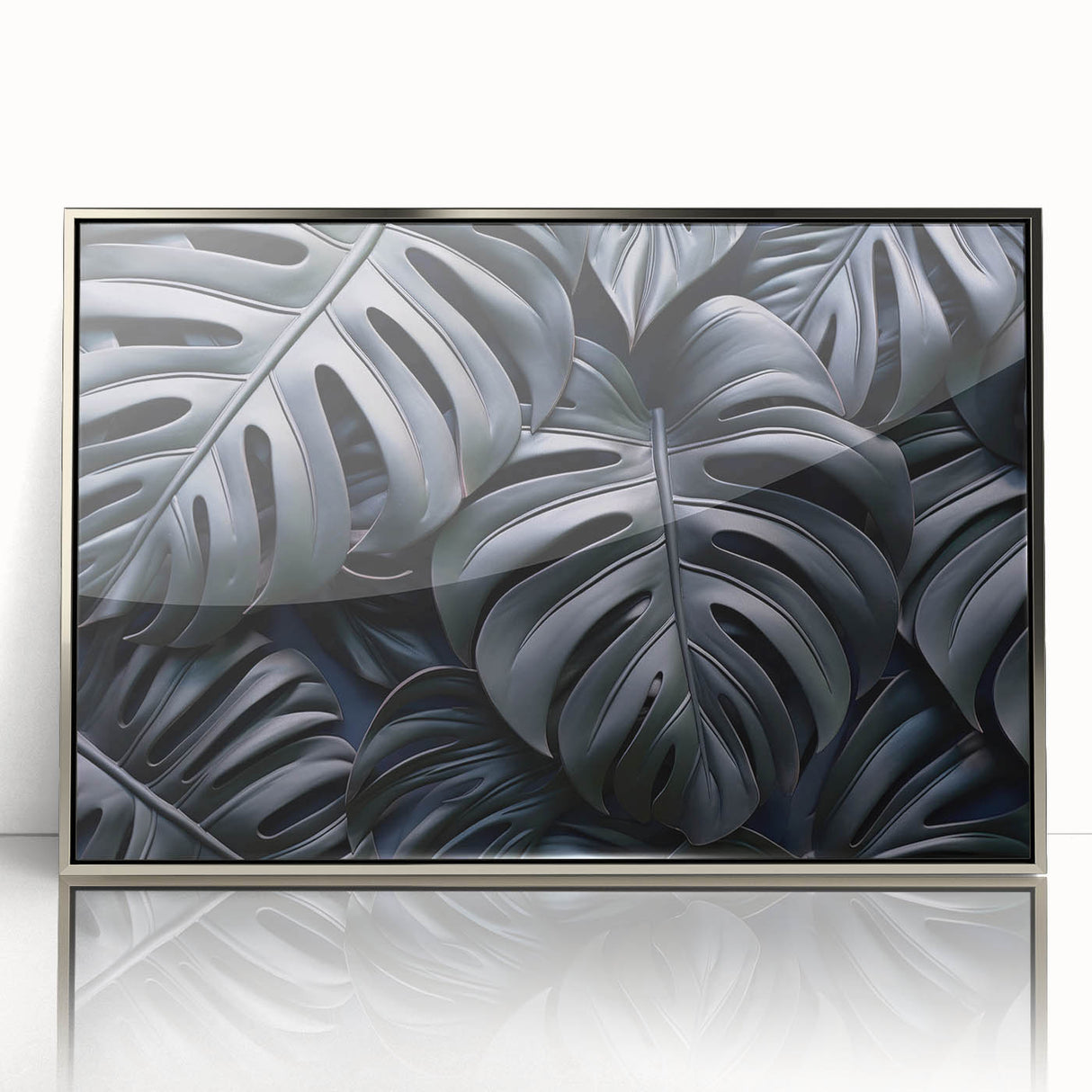 Framed botanical wall art featuring a Monstera plant design, set in a sleek silver frame with acrylic front for a modern touch, ideal for home decor.