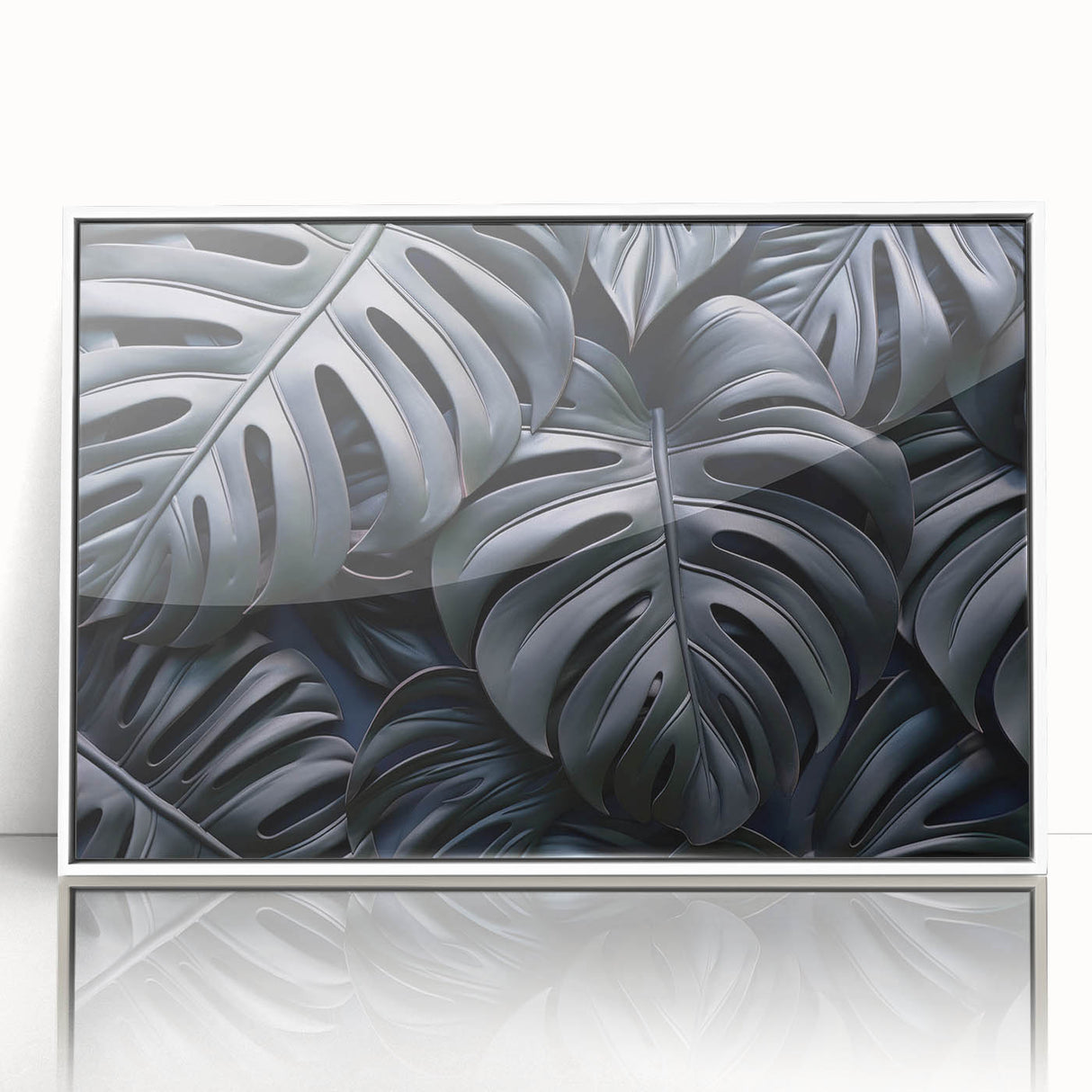 Framed acrylic wall art showcasing a botanical Monstera design with vibrant green leaves against a white background, ideal for modern home decor.