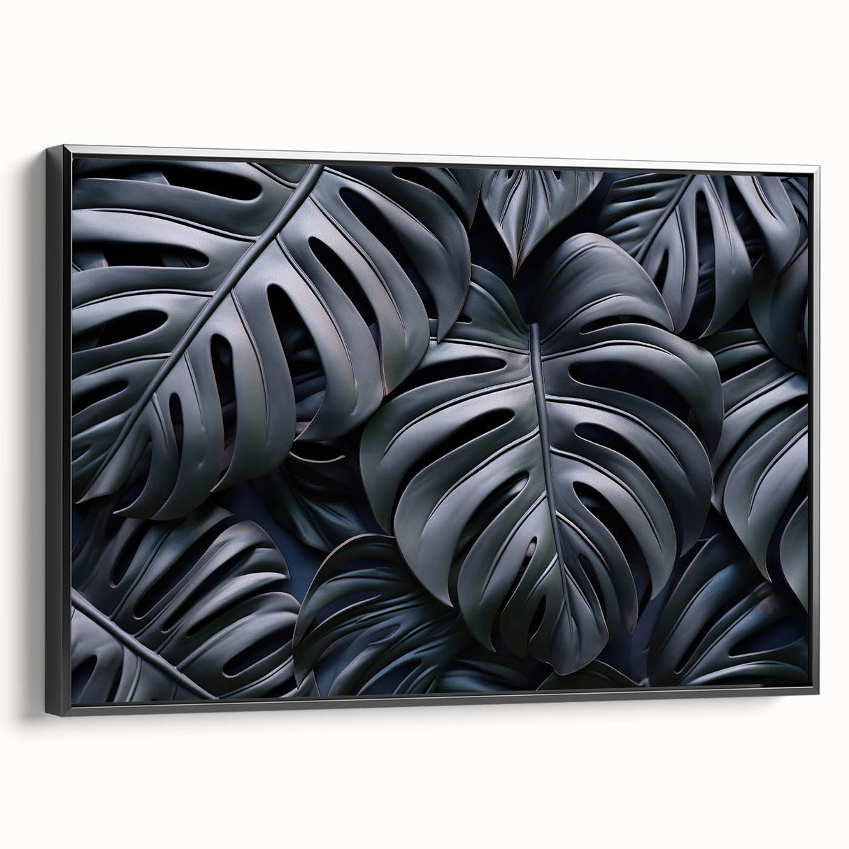 Framed botanical wall art featuring a Monstera design, showcasing vibrant green leaves against a sleek black background, ideal for modern home decor.