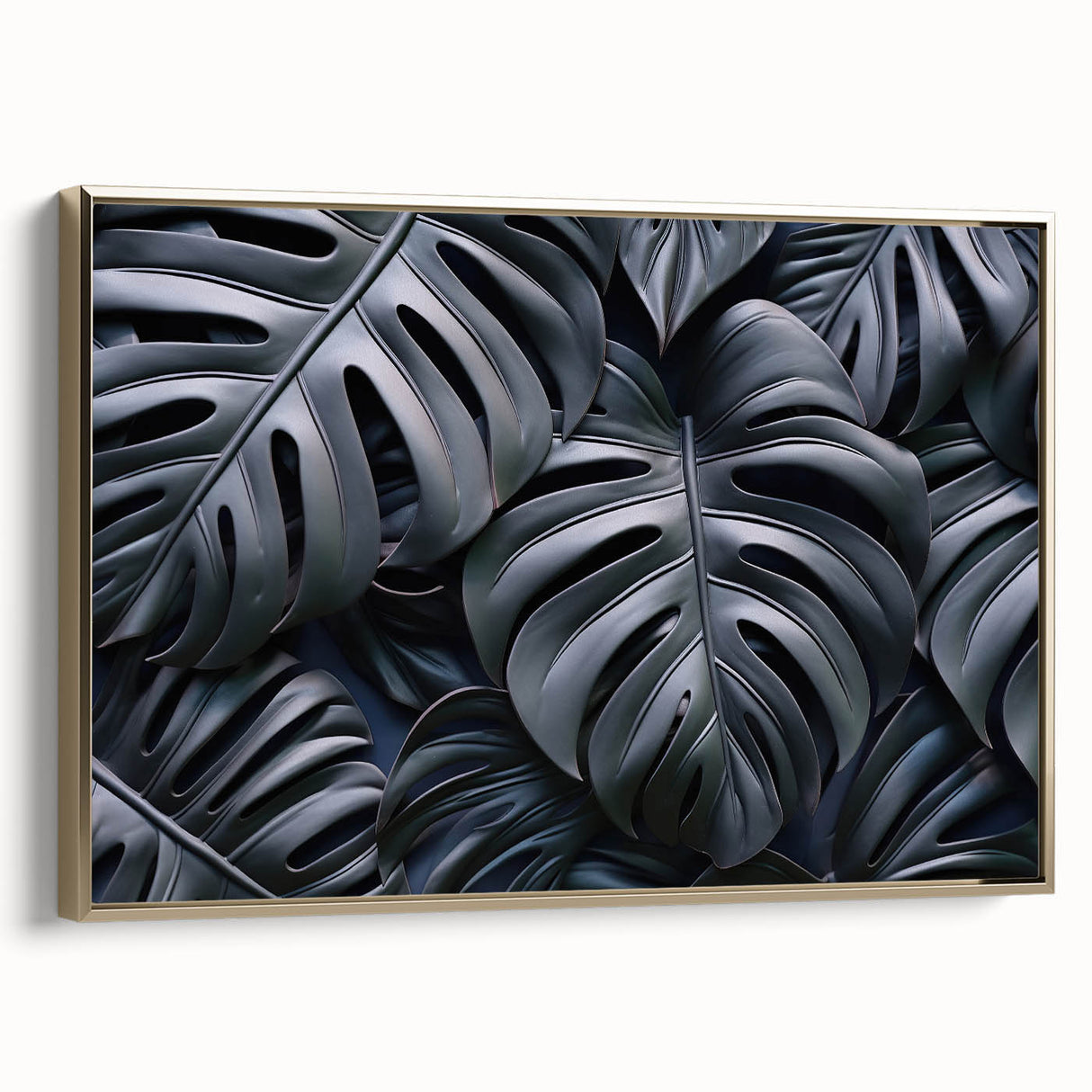 Framed wall art featuring a botanical monstera design in vibrant greens and gold accents, showcasing a stylish side view that enhances any modern decor. Perfect for home or office.