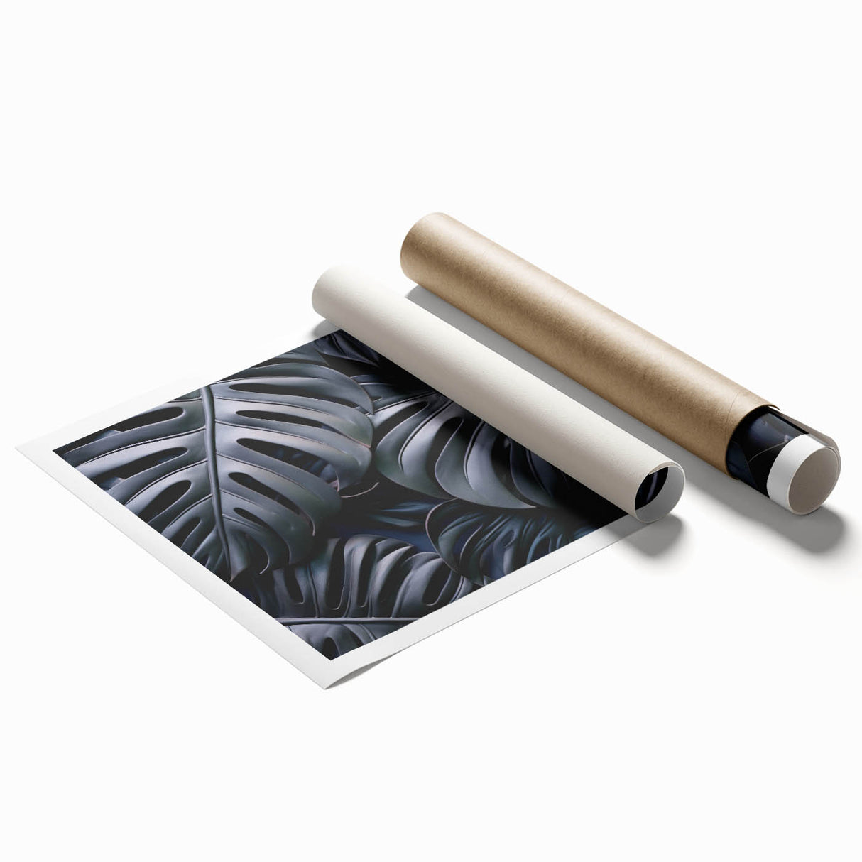 Vibrant botanical monstera wall art print showcasing lush green leaves against a clean white background, rolled and ready for framing or display. Perfect for nature-inspired decor.