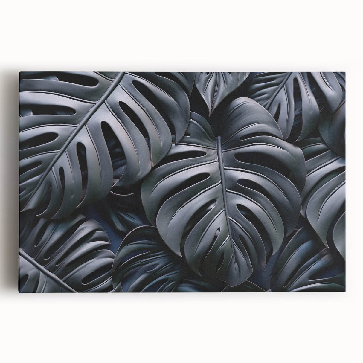 Botanical monstera wall art design printed on stretched canvas, showcasing vibrant green leaves against a neutral background, perfect for home decor or office spaces.