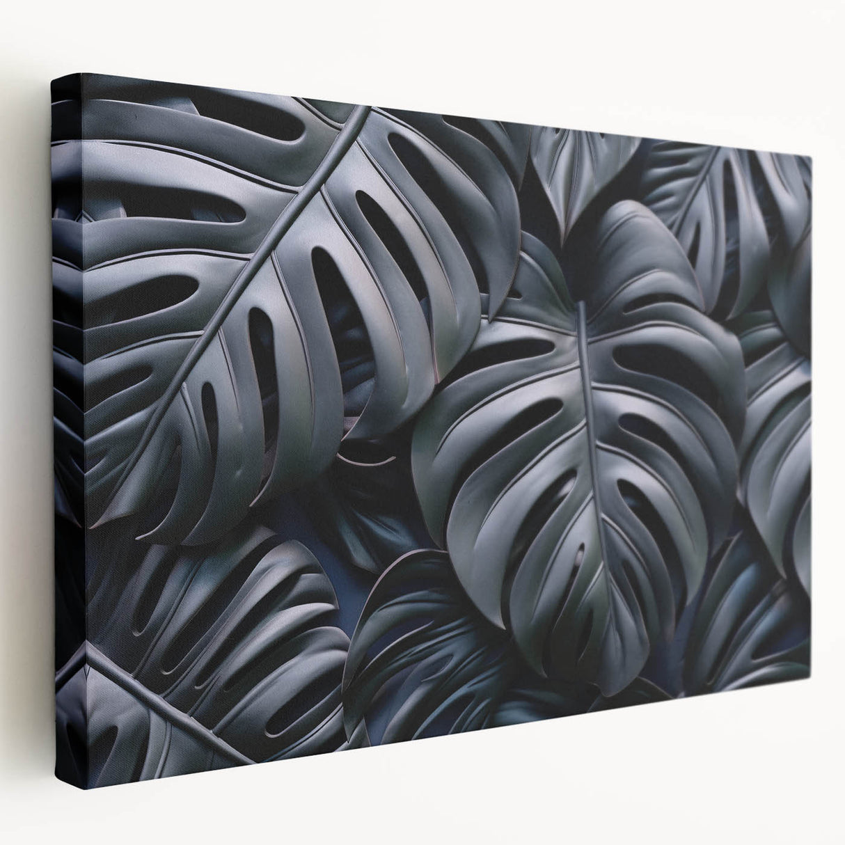 Botanical wall art featuring a vibrant monstera leaf design on stretched canvas, showcasing lush green tones and intricate details, perfect for modern decor.