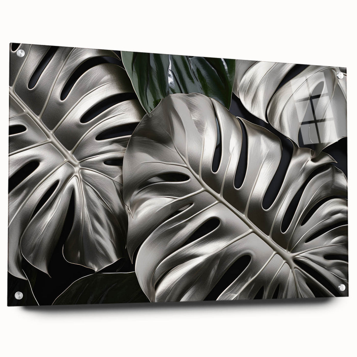Botanical wall art featuring a Monstera plant design printed on acrylic glass, displayed in a side view with visible mounting pins, showcasing vibrant colors and intricate details, perfect for modern home decor.