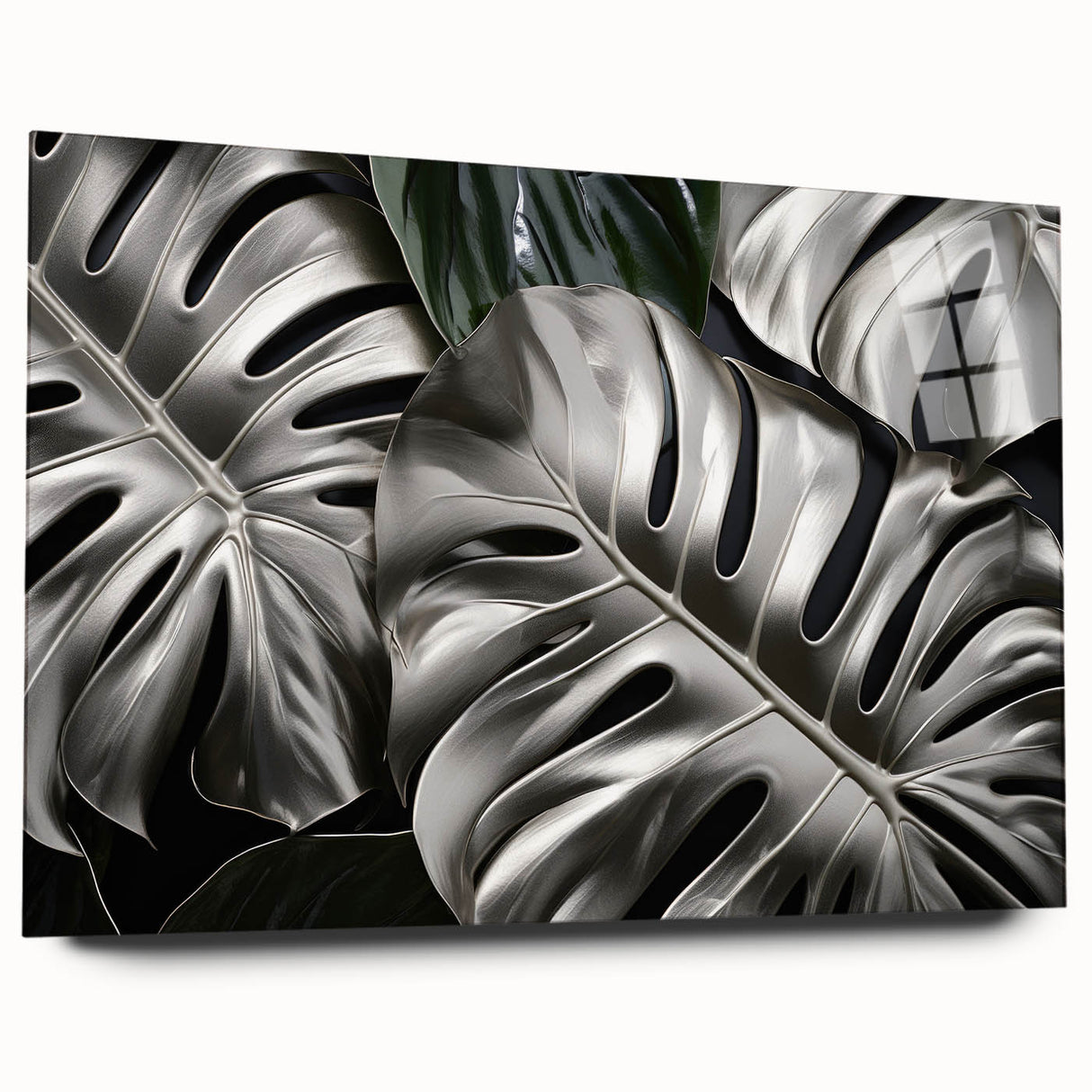 Acrylic glass wall art showcasing a vibrant botanical monstera design, highlighting lush green leaves and intricate details, perfect for home decor enhancement.