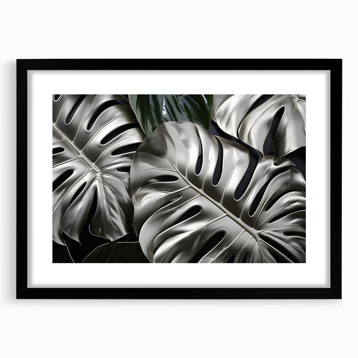 Botanical wall art featuring a Monstera leaf design framed in black with a white mat, perfect for enhancing modern home decor. Ideal for plant lovers and interior design enthusiasts.