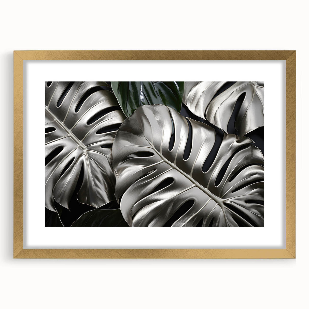 Elegant botanical wall art featuring a Monstera leaf design in a chic frame with a gold finish, enhancing any home decor with a touch of nature.