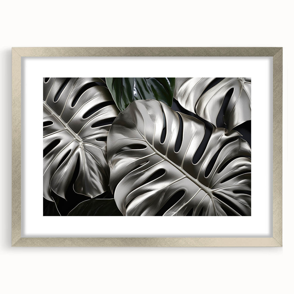 Botanical wall art featuring a Monstera design in a silver frame with a mat, showcasing vibrant green leaves against a soft background, ideal for home decor.