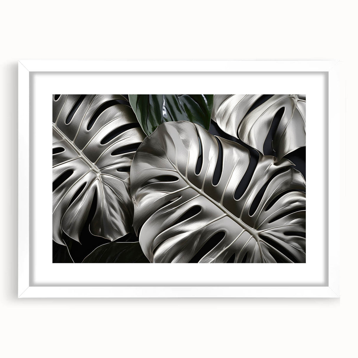 Framed botanical wall art featuring a Monstera plant design with vibrant green leaves, set against a white background, ideal for modern home decor.