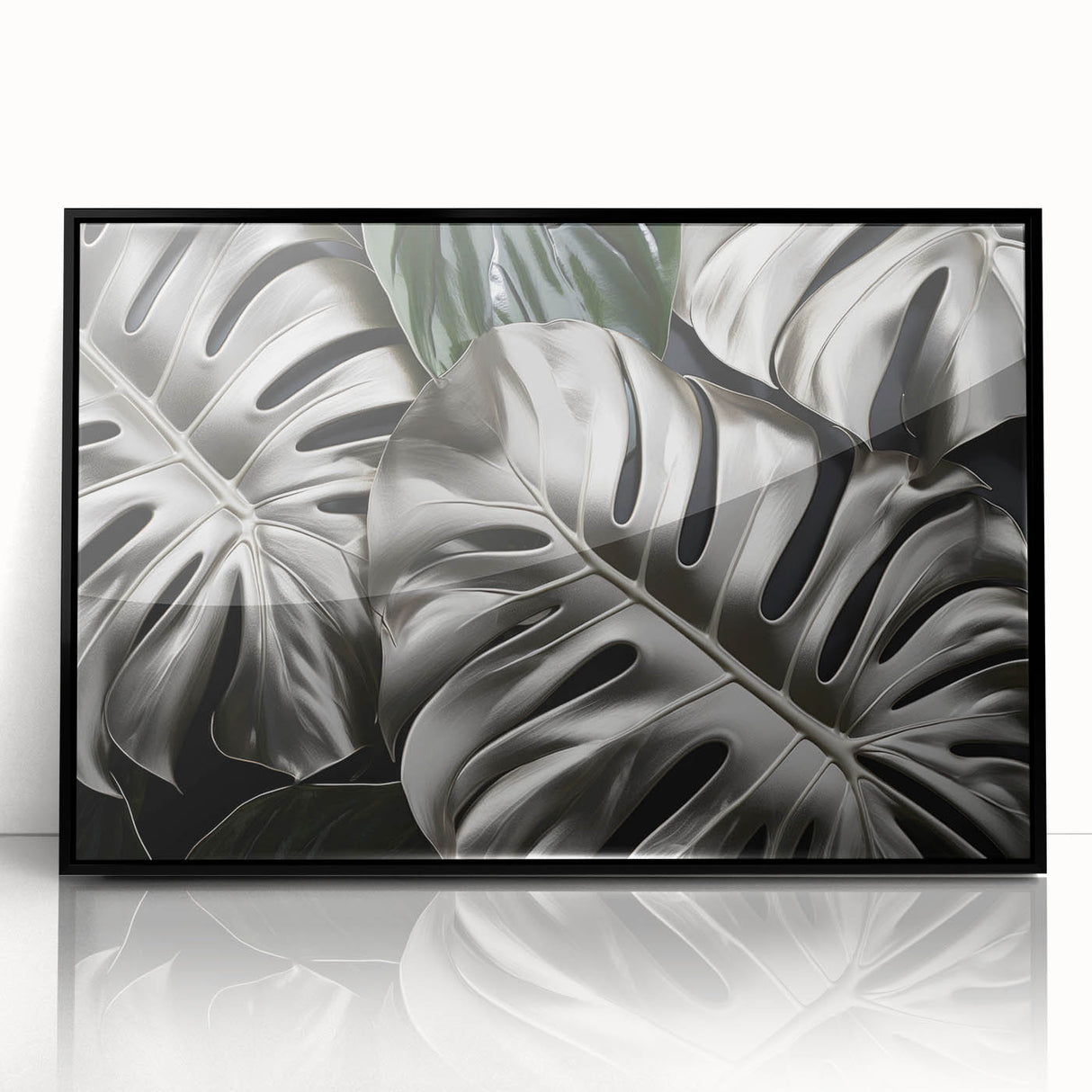 Framed acrylic wall art showcasing a vibrant Monstera plant design on a black background, perfect for modern decor. Ideal for botanical enthusiasts looking to enhance their home aesthetic.