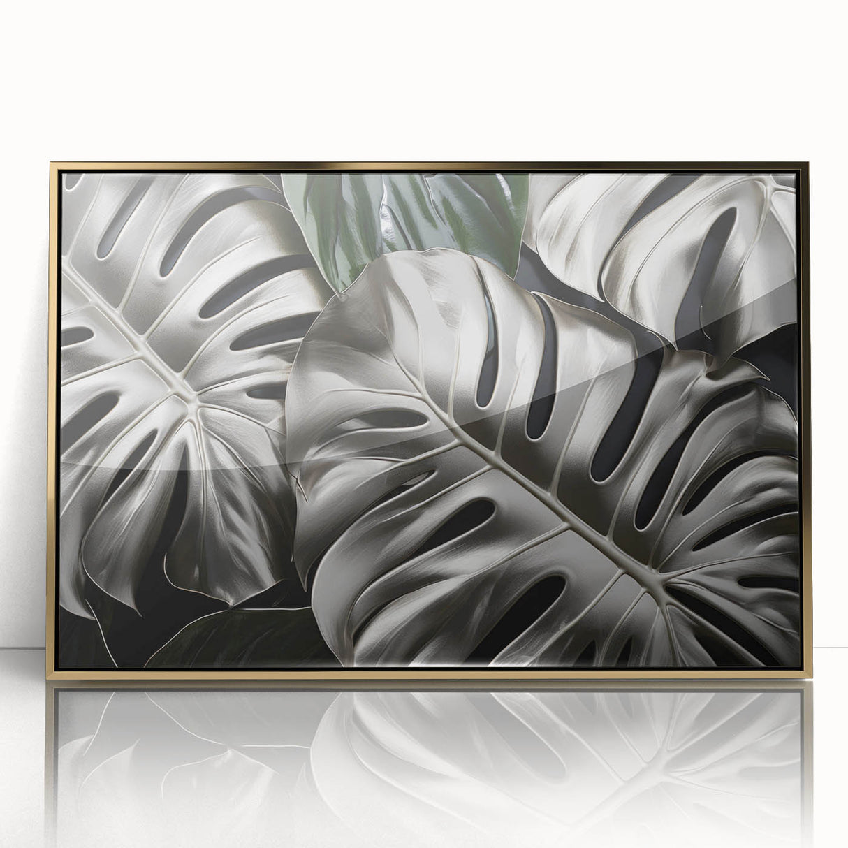 Framed wall art showcasing a botanical monstera design with vibrant green leaves set against a gold-acrylic background, perfect for modern home decor.