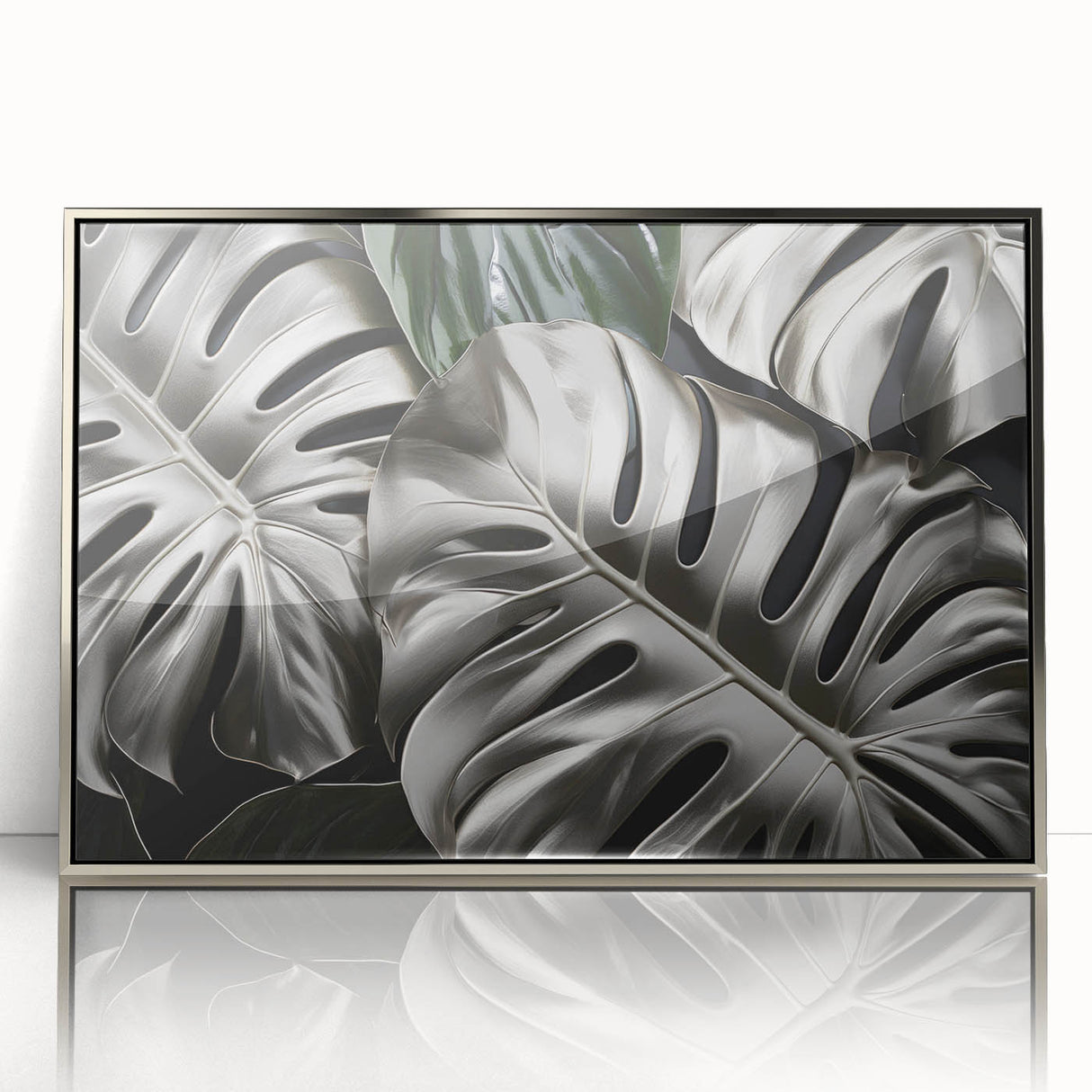 Framed wall art showcasing a vibrant botanical design featuring Monstera leaves, set in a sleek silver frame, perfect for modern home decor.