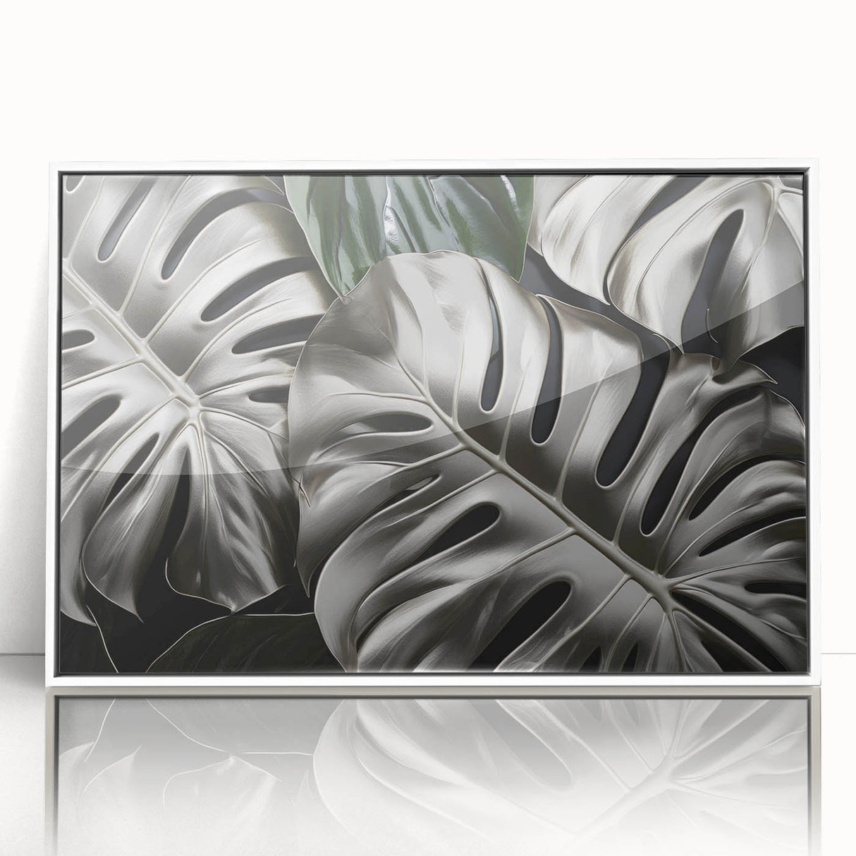 Framed botanical wall art showcasing a vibrant Monstera leaf design on a white background, perfect for adding a tropical touch to home decor.