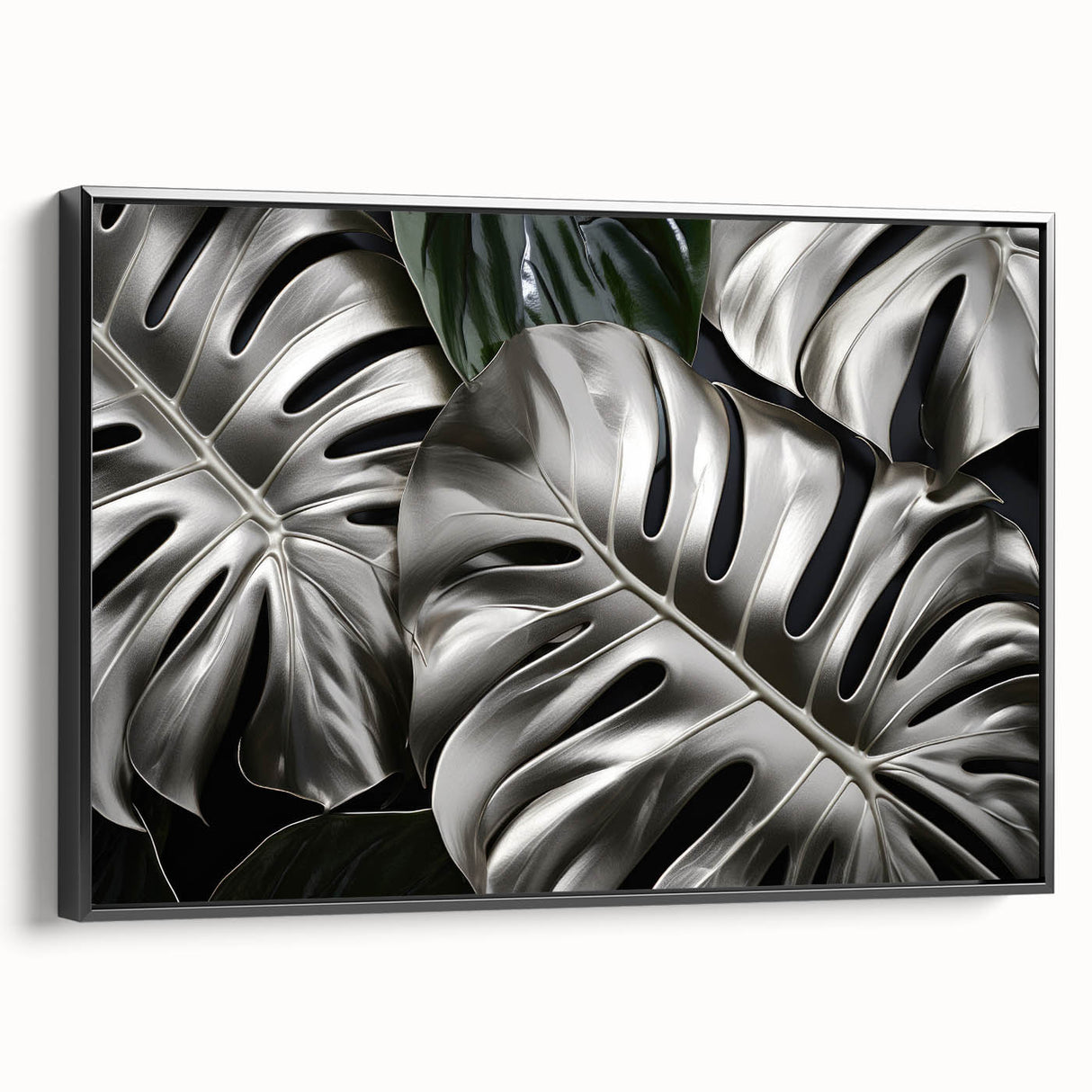 Framed wall art featuring a botanical monstera design on canvas, showcasing vibrant green leaves against a black background, ideal for modern home decor.