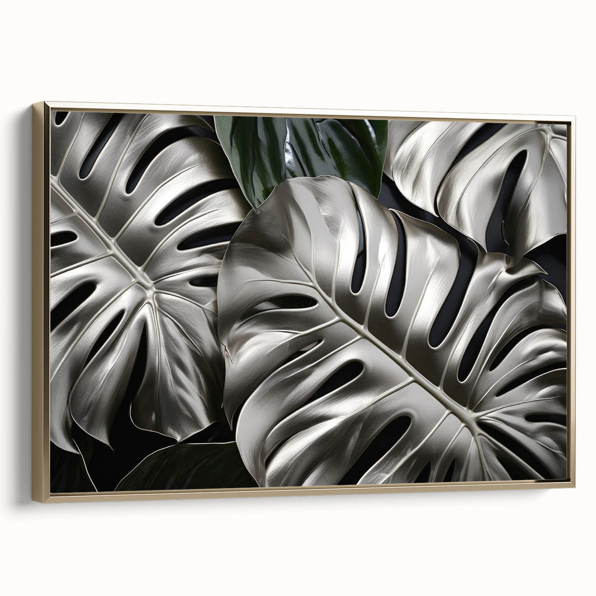 Framed canvas wall art showcasing a botanical monstera design with vibrant green leaves and elegant gold accents, adding a modern touch to home decor.