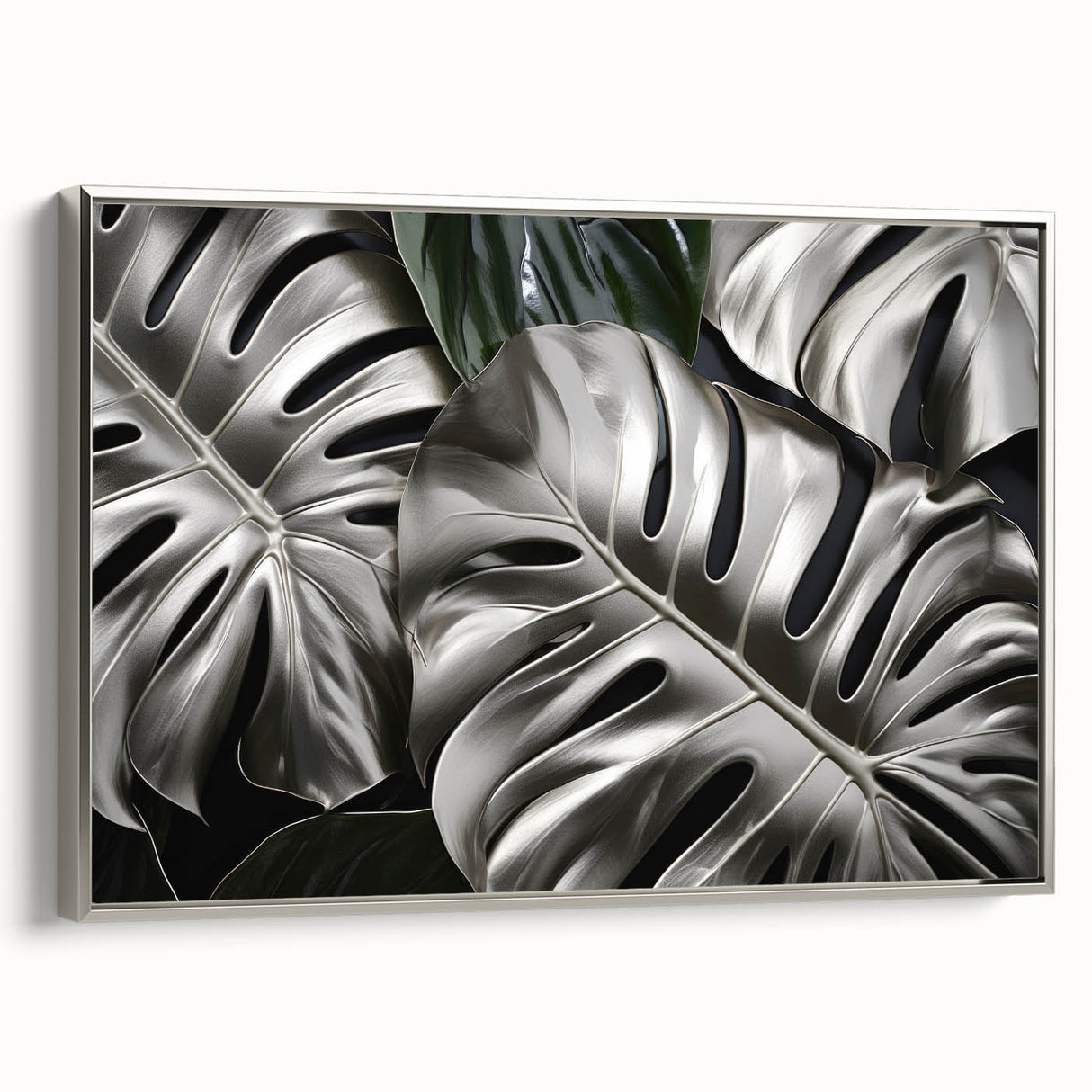 Framed wall art featuring a botanical monstera design, showcasing lush green leaves on a textured canvas with a sleek silver frame, ideal for modern decor.
